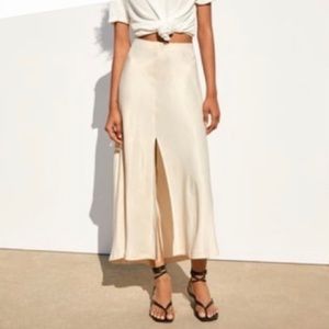 ZARA CREAM SATIN MIDI SKIRT WITH SLIT FRONT